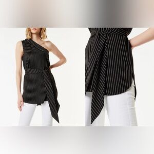 KAREN MILLEN Pinstriped One Shoulder Top size 2 34 EXCELLENT